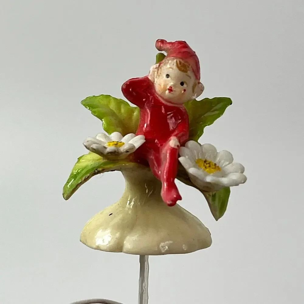 Vintage Elf Pixie on Flower Pick Figurine Red Suit Daisies ~2.25